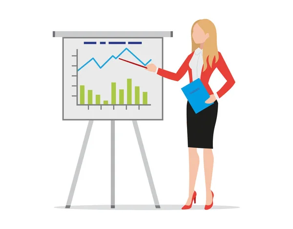 Деловая женщина делает флип-чарт презентации, указывая на графики и диаграммы, женщина тренер объяснение бизнес-стратегии, холдинг папки, плоский стиль векторной иллюстрации . — стоковый вектор