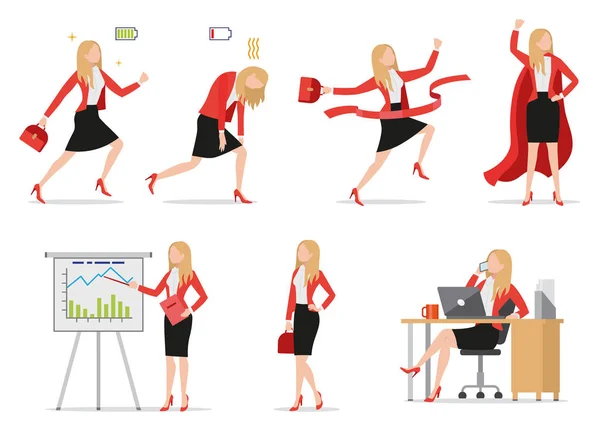 Conjunto de iconos de estilo plano mujer de negocios en diferentes situaciones, señales de batería verde y roja, mujer ocupada hablando por teléfono, presentando informe financiero, supermujer usando capa, ilustración vectorial . — Vector de stock