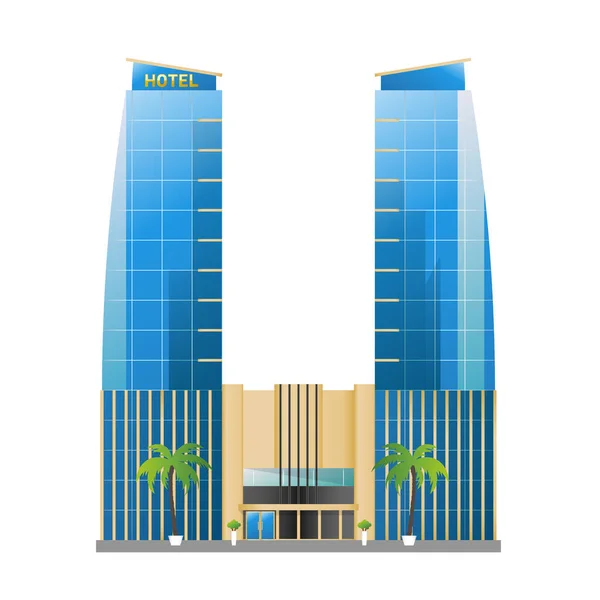 Edifício moderno do hotel, arranha-céus torres com palmeiras ícone isolado no fundo branco, ilustração vetorial . —  Vetores de Stock