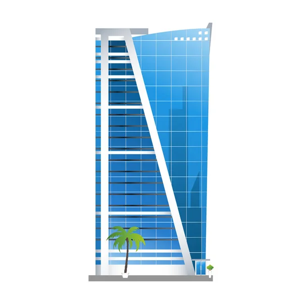 Modern hotellbyggnad, skyskrapor torn med palmer ikon isolerad på vit bakgrund, vektor illustration. — Stock vektor