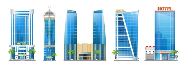 Набір сучасних готельних будівель, хмарочосні вежі з пальмами, архітектурні споруди, міський пейзаж, Векторні ілюстрації ізольовані на білому тлі . — стоковий вектор