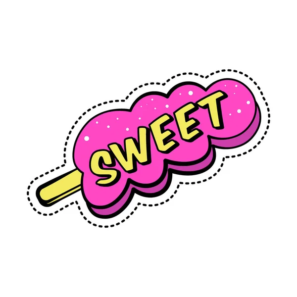 Autocollant coloré avec texte, crème glacée rose sucrée sur bâton, badge patch dessin animé style rétro, illustration vectorielle isolée . — Image vectorielle