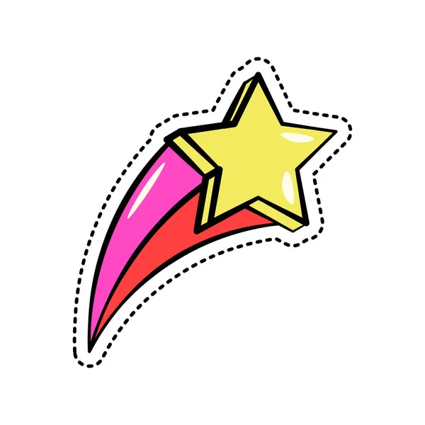 Färgglada mode klistermärke med fallande gul stjärna, glänsande rosa och rött spår, trendiga patch badge isolerad, vektor illustration. — Stock vektor