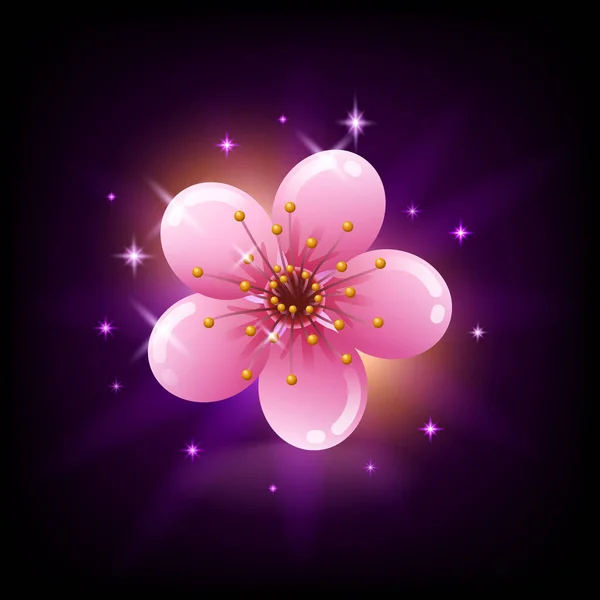 Icono de flor de sakura rosa sobre fondo oscuro con destellos, flor de cerezo de Japón, ilustración vectorial . — Vector de stock
