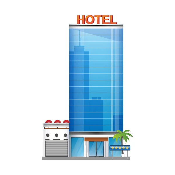 Bâtiment hôtelier moderne, tours de gratte-ciel avec icône de palmiers isolés sur fond blanc, illustration vectorielle . — Image vectorielle