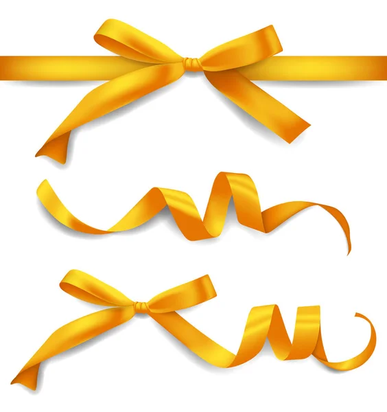 Set de rubans dorés réalistes avec noeuds, décoration pour coffrets cadeaux, élément design — Image vectorielle