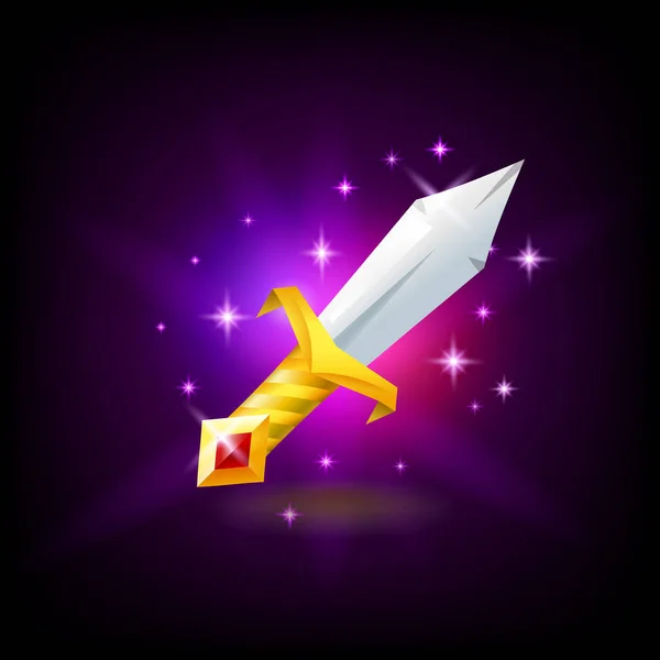 Espada mágica con empuñadura dorada con icono de máquina tragaperras de gemas rojas, diseño de juego, ilustración vectorial . — Vector de stock