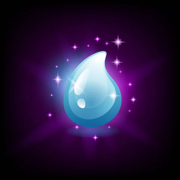 Glanzend blauw water drop pictogram voor slot machine, game design element, vector illustratie op donkere achtergrond met sprankelingen. — Stockvector