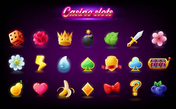 Conjunto de iconos de tragamonedas coloridas para máquinas tragamonedas de casino, juegos de azar, iconos para arcade móvil y vector de juegos de rompecabezas — Archivo Imágenes Vectoriales
