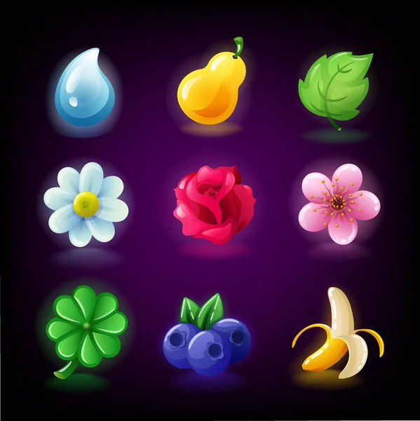 Juego de iconos de tragamonedas coloridas frutas y flores para máquinas tragamonedas de casino, juegos de azar, iconos para arcade móvil y vector de juegos de rompecabezas — Vector de stock