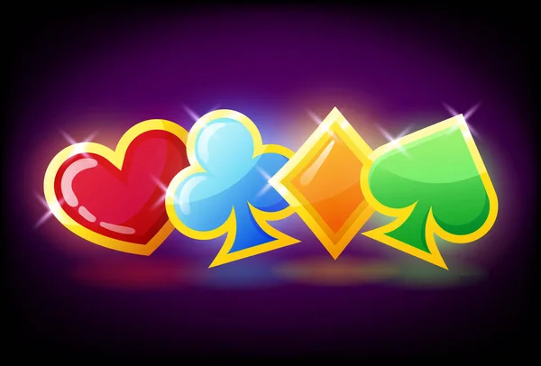 Φωτεινά πολύχρωμα σύμβολα πόκερ - καρδιές, μπαστούνια, μπαστούνια και διαμάντια εικονίδια,, κάρτα σύμβολο κοστούμι για το μηχάνημα, το σχεδιασμό παιχνιδιών τυχερών παιχνιδιών, εικονογράφηση φορέα. — Διανυσματικό Αρχείο