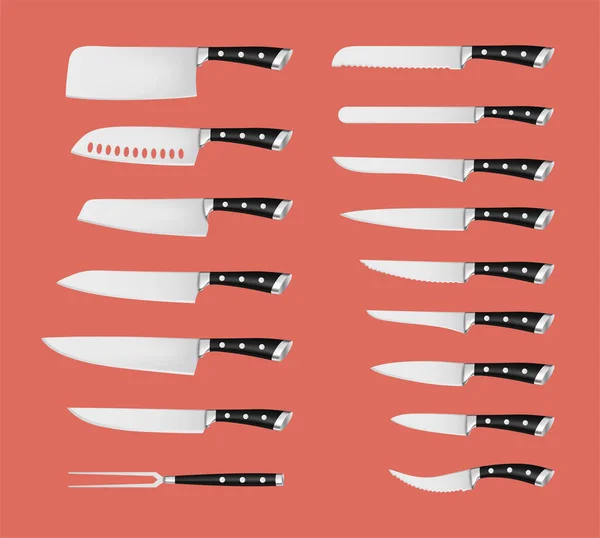 Juego de cuchillos profesionales aislados en rojo — Vector de stock
