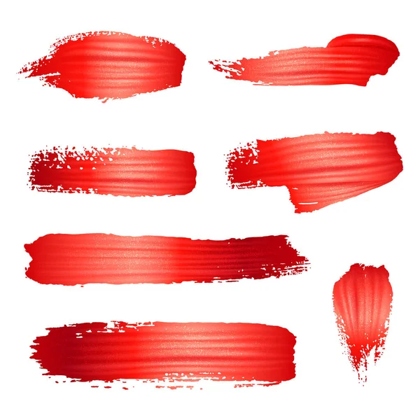 Pincel de tinta vermelha ou batom conjunto isolado no fundo branco — Vetor de Stock
