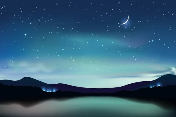 Lago de montaña con cielo estrellado turquesa oscuro y una luna creciente, cielo nocturno fondo realista, ilustración vectorial . — Vector de stock