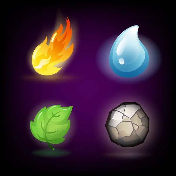 Cuatro fuerzas o elementos de la naturaleza - Agua, Fuego, Tierra, Aire. Elementos de diseño sobre fondo oscuro. Plantillas para logotipos, emblemas o tarjetas de energía renovable o ecología. Fuentes de energía alternativas — Vector de stock