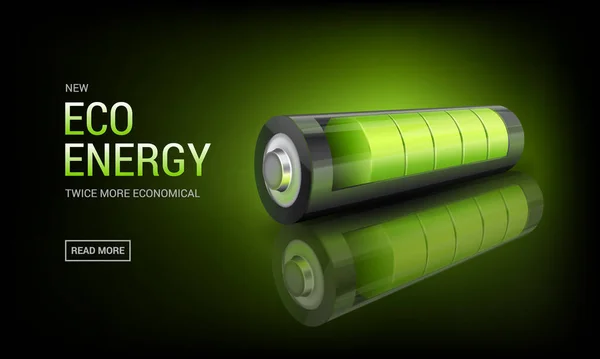 Banner com bateria verde 3D realista, energia alternativa ambiental. indicador de estado de carregamento — Vetor de Stock