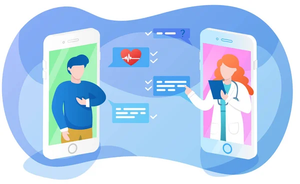 Online dokter app interface, zieke man die therapeut vraagt naar hartproblemen, medisch consult op afstand met arts of cardioloog, vectorillustratie. — Stockvector