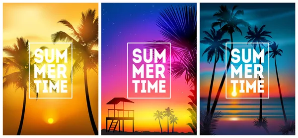 Sommer tropischen Strand Hintergrund mit Palmen, Himmel Sonnenaufgang und Sonnenuntergang. Sommerplakat Flyer Einladungskarte. Sommerzeit. — Stockvektor