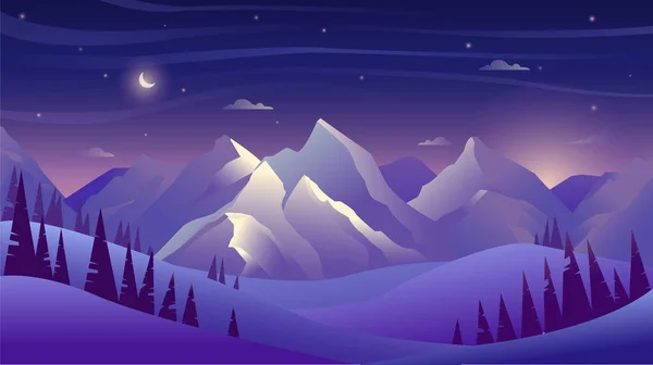 Montañas y bosque por la noche, cielo con nubes y estrellas, hermoso paisaje — Vector de stock