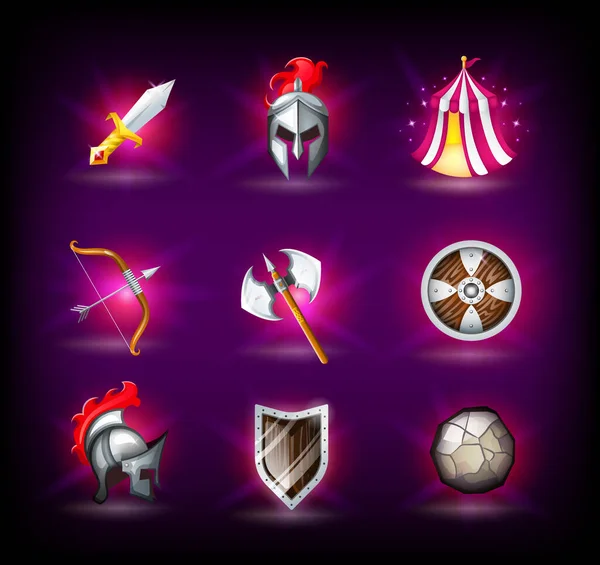 Conjunto de ícones medievais, capacete de cavaleiro, império romano, legionários, tenda, escudo e armas — Vetor de Stock