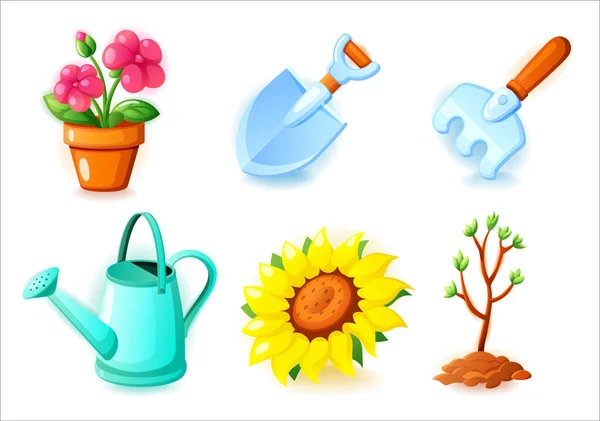 Tuinieren pictogrammen set - Bloempot, schop, hark, gieter, zonnebloemen en zaailing boom - pictogrammen voor web-en mobiele games, vector illustratie op witte achtergrond. — Stockvector