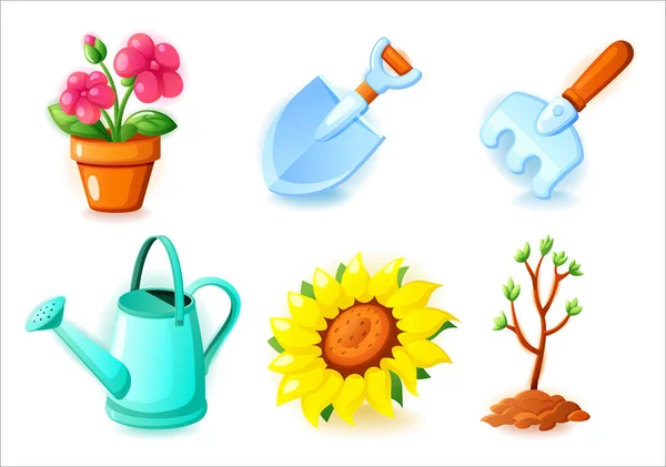 Conjunto de iconos de jardinería - Maceta de flores, pala, rastrillo, regadera, girasoles y árboles de semillero - iconos para juegos web y móviles, ilustración vectorial sobre fondo blanco . — Archivo Imágenes Vectoriales