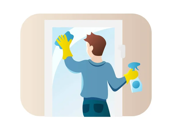 Man cleaning window flat style icon. Guy doing chores vector illustration. Male washing glass cartoon character, isolated on white. Stay home activities — Stock Vector