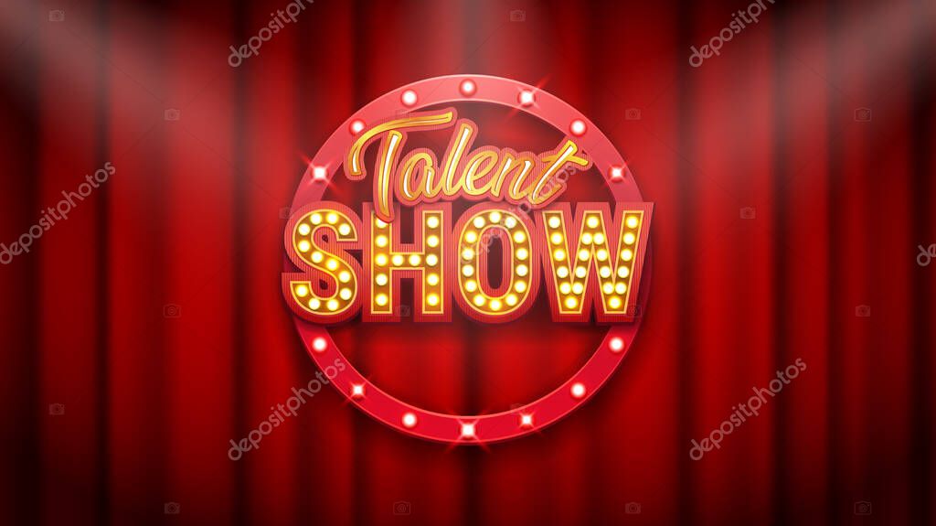 Talent show banner, poster, gold inscription on red curtain, advertising or invitation, event, vector illustration