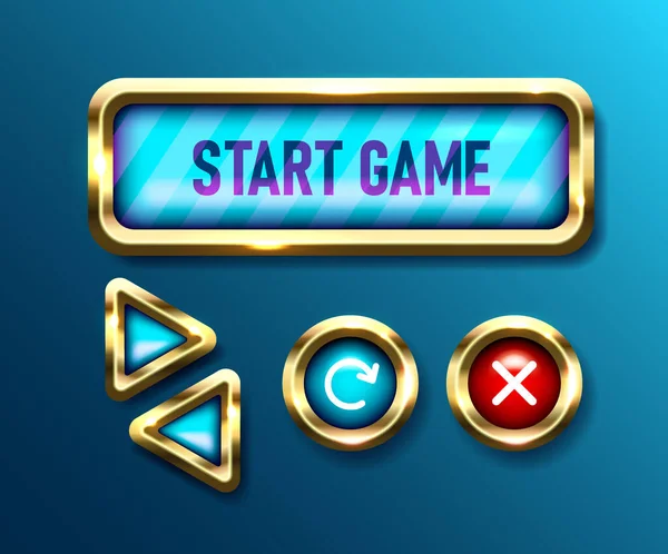 现实的游戏按钮设置在蓝色背景。移动吉他的设计。用户界面导航旋钮、矢量图解 — 图库矢量图片