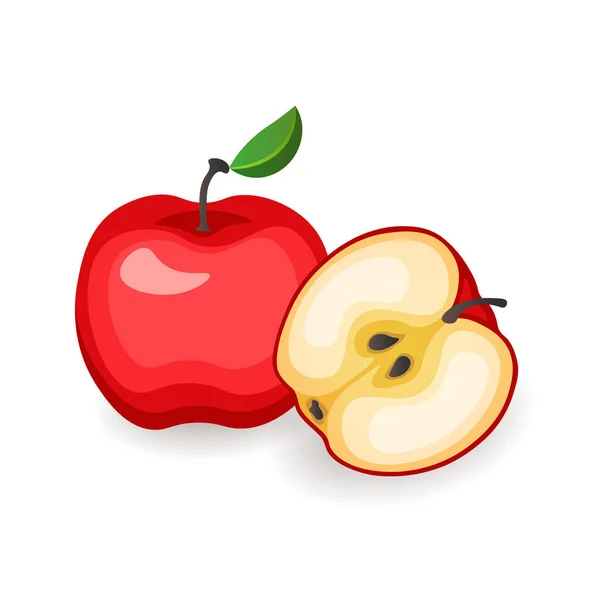 Красное целое и разрезать яблоки на белом фоне. Органические фрукты, векторная иллюстрация в плоском стиле — стоковый вектор