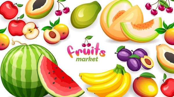 Banner con diferentes frutas tropicales aisladas sobre fondo blanco, ilustración vectorial en estilo plano — Archivo Imágenes Vectoriales