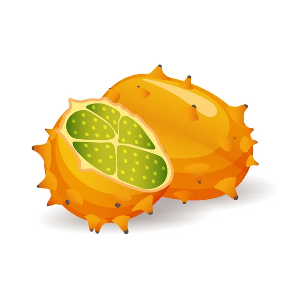 Kiwano of gehoornde meloen vruchten op witte achtergrond. Organische tropische traktatie, vectorillustratie in vlakke stijl. Veganistisch voedsel — Stockvector