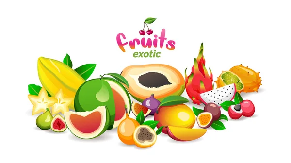 Montanha de frutas exóticas no fundo branco, logotipo da loja de frutas e banner, ilustração vetorial. — Vetor de Stock