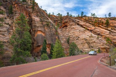 Zion Ulusal Parkı 'ndan geçen yol. Kaya tepeleri ve ağaçların manzarası. Utah, Usa
