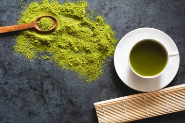 Beyaz bardakta yeşil çay. Düz yatıyordu. Koyu arkaplan