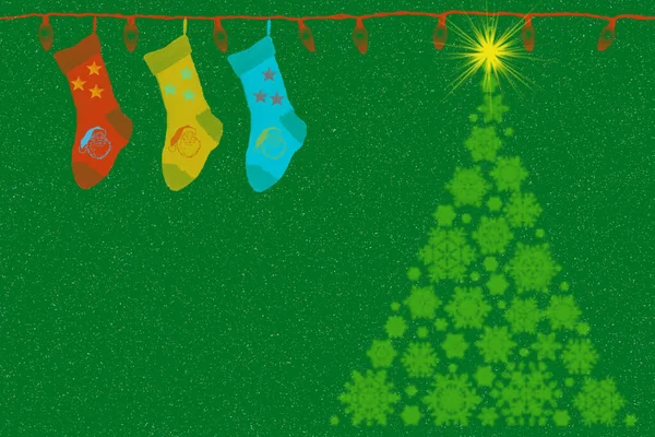 Κάλτσες για δώρα και χριστουγεννιάτικο δέντρο. Γιορτινός σχεδιασμός για παιδιά — Φωτογραφία Αρχείου