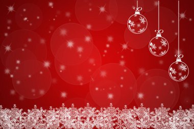 Kırmızı Noel arkaplanı, takı ve kar taneleri. Kış mevsimi