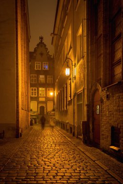 Gdansk 'ın Eski Kasabası' nda gece Dziana Caddesi 'nde. Polonya, Avrupa