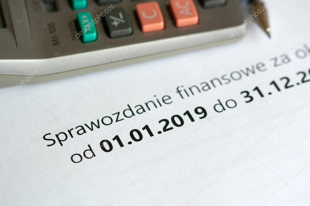Annual financial report for 2019 on a sheet of paper. Polish accounting and tax regulations