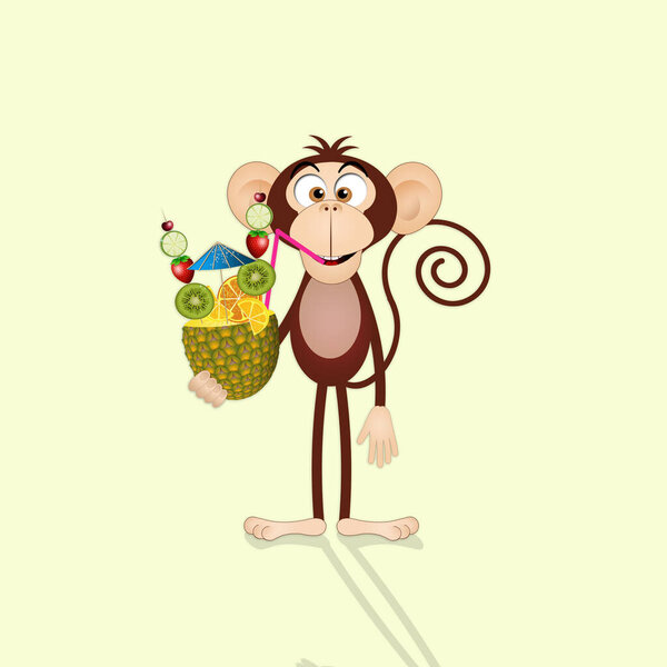 an illustration of funny monkey with fruits on yellow background