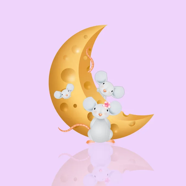 Иллюстрация Счастливой Семьи Мышей Сырной Луной — стоковое фото