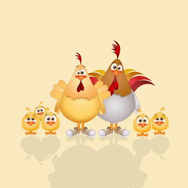 Illustration Hen Rooster Chicks Yellow Background Stock Photo