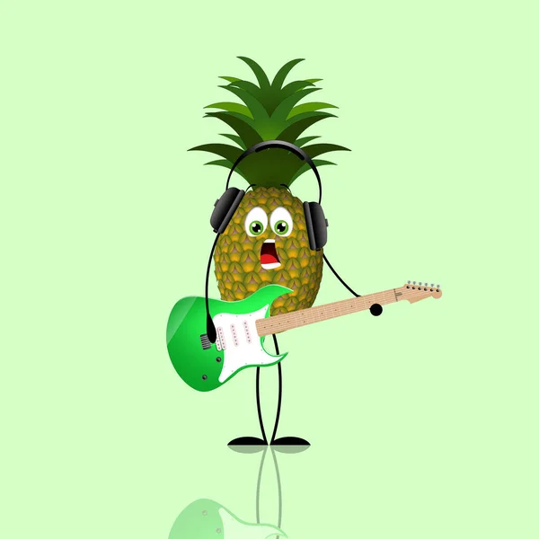 Uma Ilustração Abacaxi Engraçado Com Guitarra Elétrica Fundo Verde — Fotografia de Stock