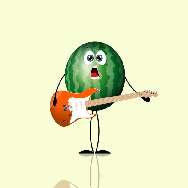 Eine Illustration Einer Lustigen Wassermelone Mit Gitarre Auf Gelbem Hintergrund — Stockfoto