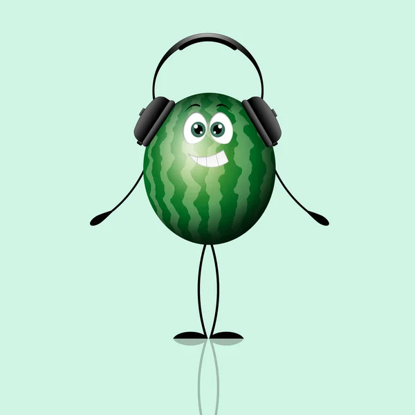 Ilustracja Zabawnego Arbuza Słuchawkami Zielonym Tle — Zdjęcie stockowe