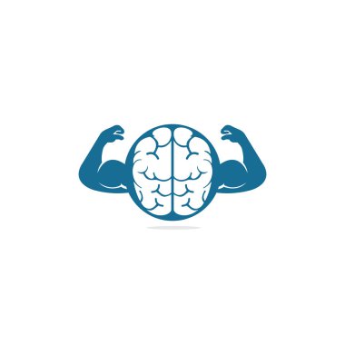 Güçlü beyin vektör logosu tasarımı. Beyin, zeka gücü. İrade gücü kavramı. Yüksek IQ konsepti. Güçlü çift pazılı beyin. Vektör illüstrasyonu.