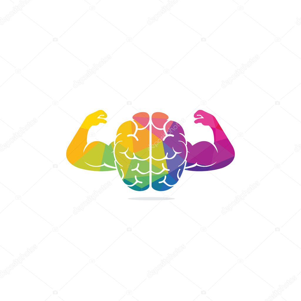 Strong brain vector logo design. Brain, intellect power. Willpower concept. high IQ concept. Brain with strong double biceps. Vector illustration.