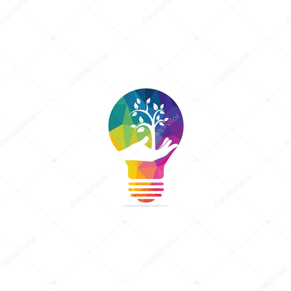 Hand tree and bulb logo design. Natural products logo. Cosmetics icon. Spa logo. Beauty salon or yoga logo.