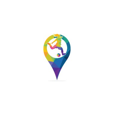 Kadın futbol kulübü vektör logosu tasarımı. Kadın futbolcu ve GPS imleç vektör tasarımı.
