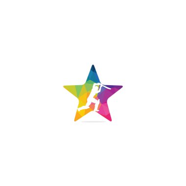 Kriket yıldızı şekilli konsept logosu oynayan bir oyuncu. Kriket yarışması logosu.